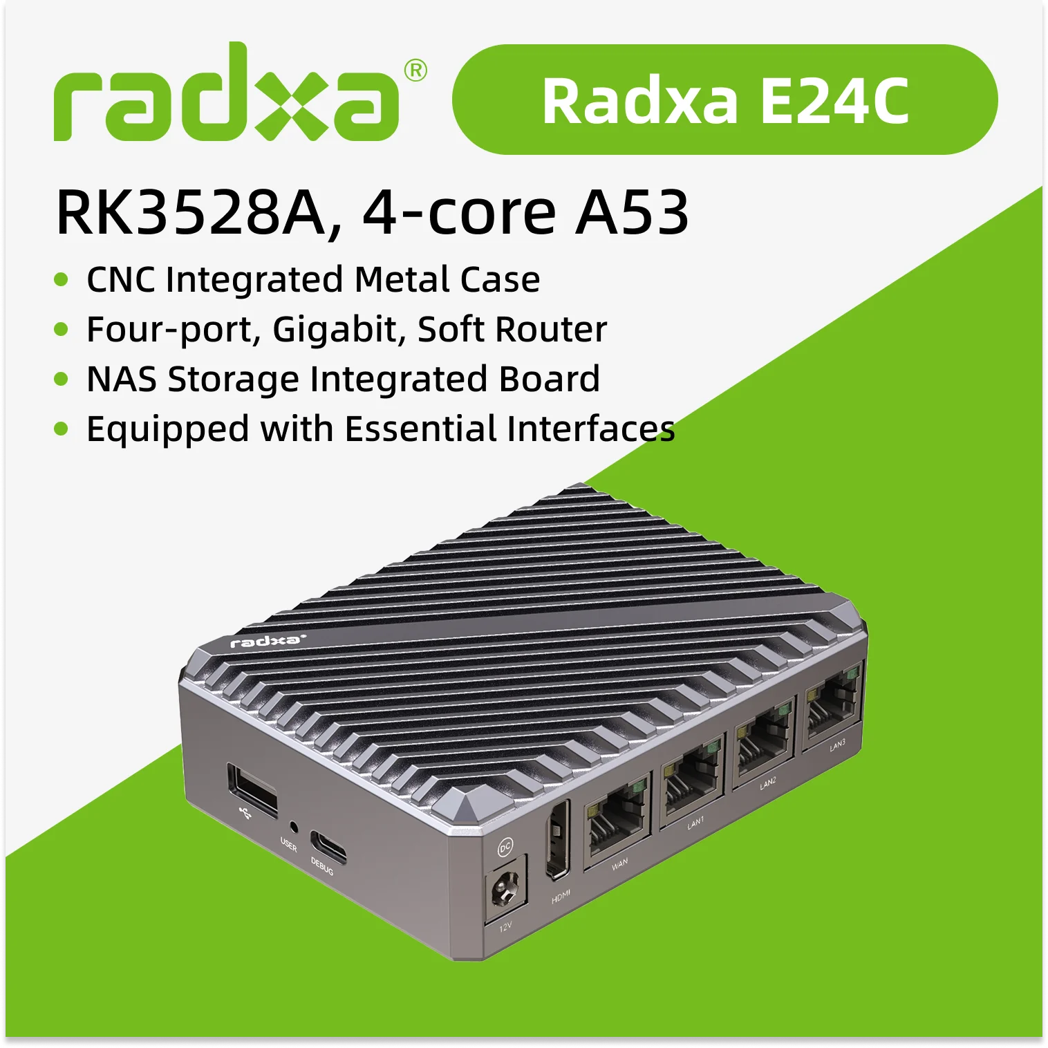 RADXA E24C, RK3528A, Quad-Core A53, LPDDR4, SD Card Support, 4 Gigabit Ethernet, Single Board Computer