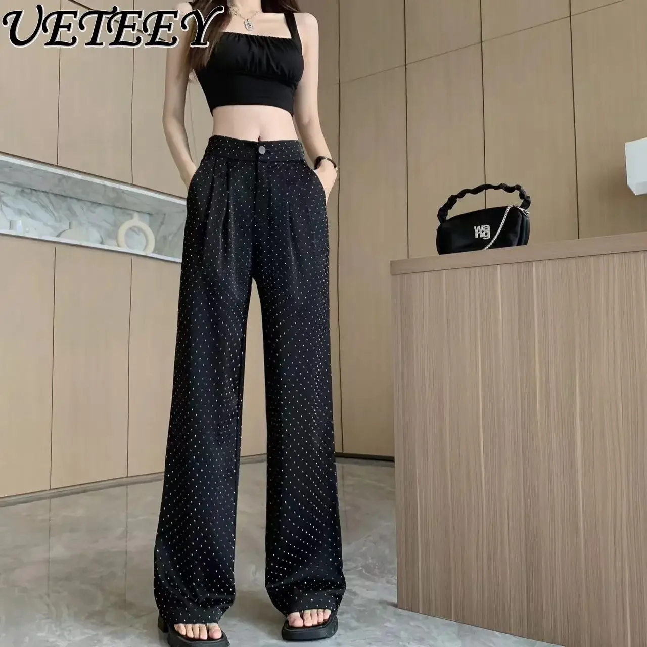 Cool Girl Casual Pants for Women Summer New Exquisite Rhinestone Loose Drooping Acetate Satin Black Wide Leg Mop Trousers