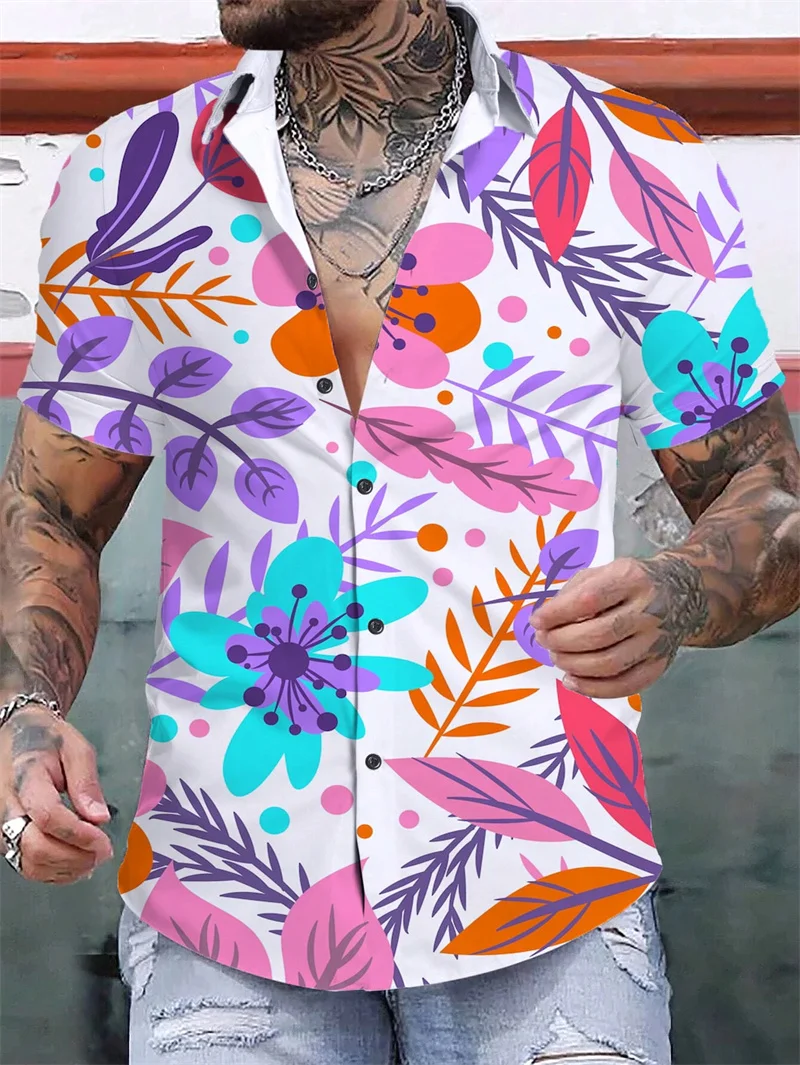 

Summer New 3D Tropical Leaves Printing Shirts Colorful Leaves Graphic Lapel Shirt Men Fashion Cool Short Shirts Vintage Clothing