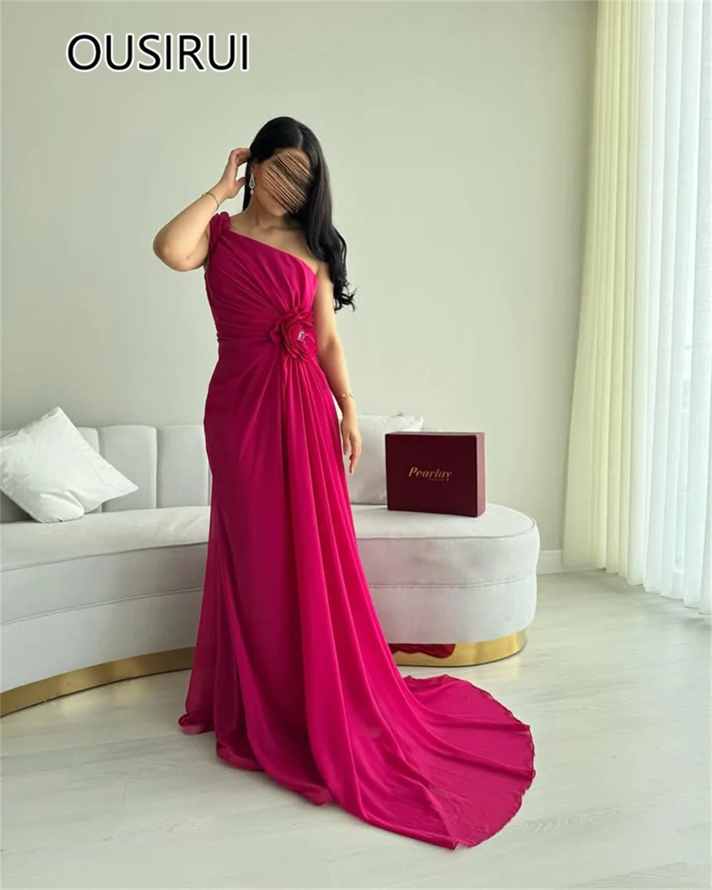 Custom Made One Shoulder Chiffon Pleated Saudi Arab Bridesmaid Gown Long Open Back Court Flowers Evening Gown with Cape