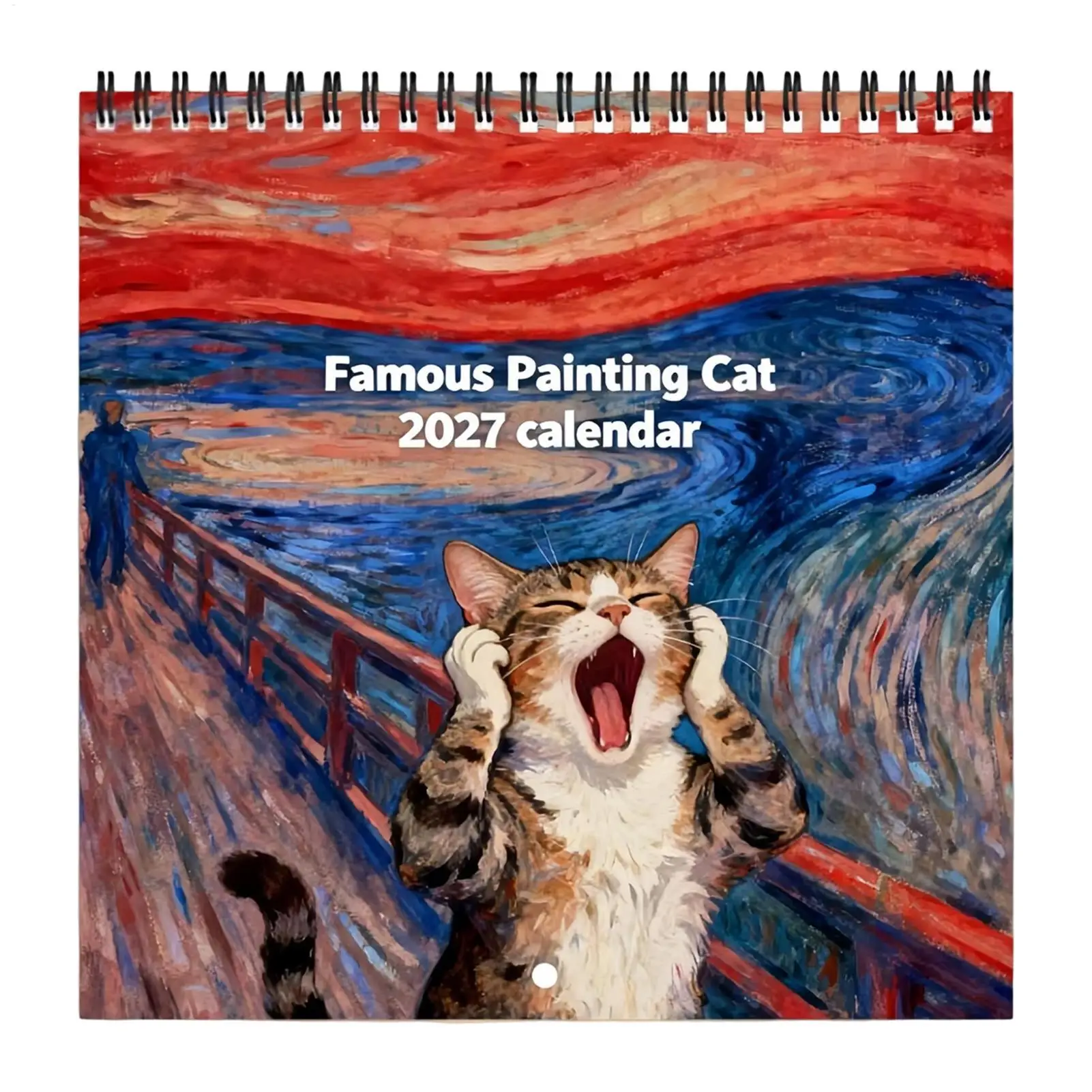 Cat Calendar 2027 Coil Binding Artistic Painting Style Wall Planner Screaming Feline Illustrated Monthly Schedule for Office