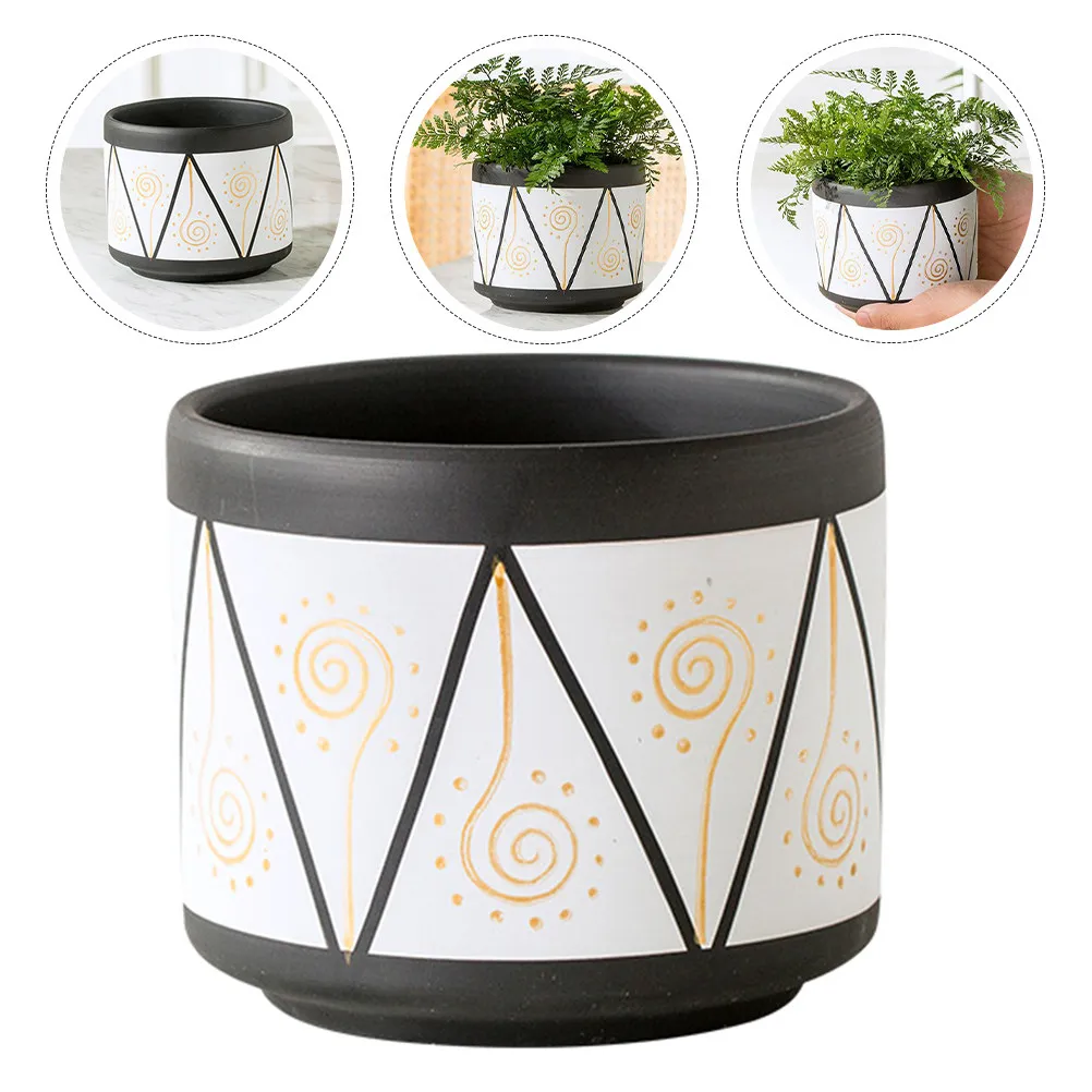 Stylish Minimalist Ceramic Flowerpot Handcrafted Line Art Pattern Small Succulent Plant Container with Drainage Holes Indoor