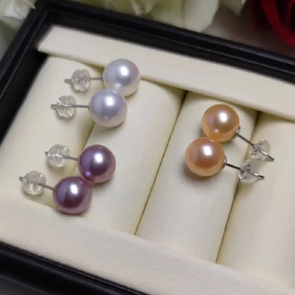 WOMEN White Pink Purple Pearl Earring 9-10mm 10-11mm New AAAA Akoya Round 925 Gift Box Freeshippings Items