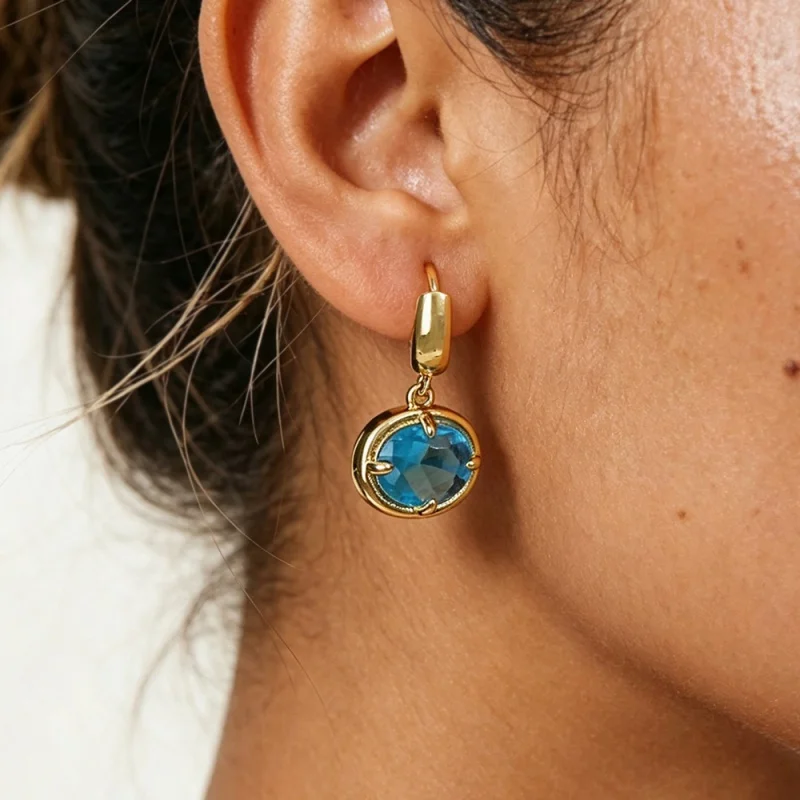 Copper Inlaid Zircon Oval Gemstone Pendant Earrings, Light Luxury Daily Women's Earrings, Available In Multiple Colors