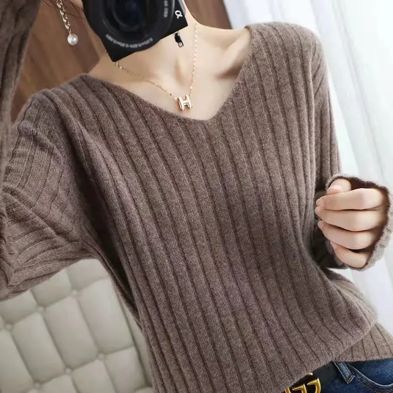 

Autumn Winter New VNeck Long Sleeve Wool Knitted Base Shirt For Women Loose Pullover Sweater Inner Layer Stylish Versatile Top