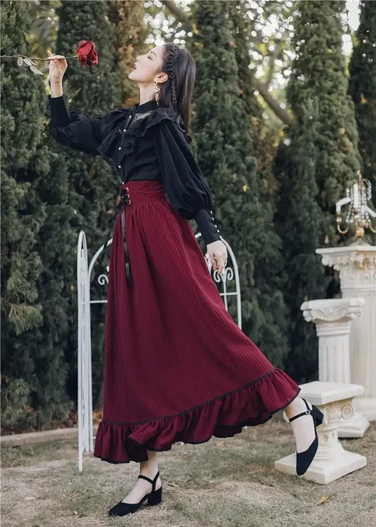 Vintage Gothic Two Piece Dress Sets Women Black Lace Ruffle Blouse + Lace-up Midi Skirt 2024 Winter Court Retro Casual Suits