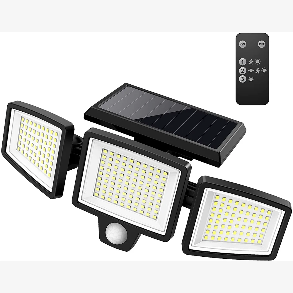 Tuffsuficiente-luces solares para exteriores, luces LED DE SEGURIDAD DE 2500LM 210 con Control remoto, 3 cabezales de luces con Sensor de movimiento, impermeables IP65