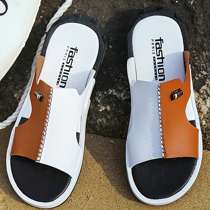 Men's Block Color Stitched Casual Slides With Microfiber Leather Uppers, Casual Non Slip Open Toe Beach Shoes For Indoor Outdoor