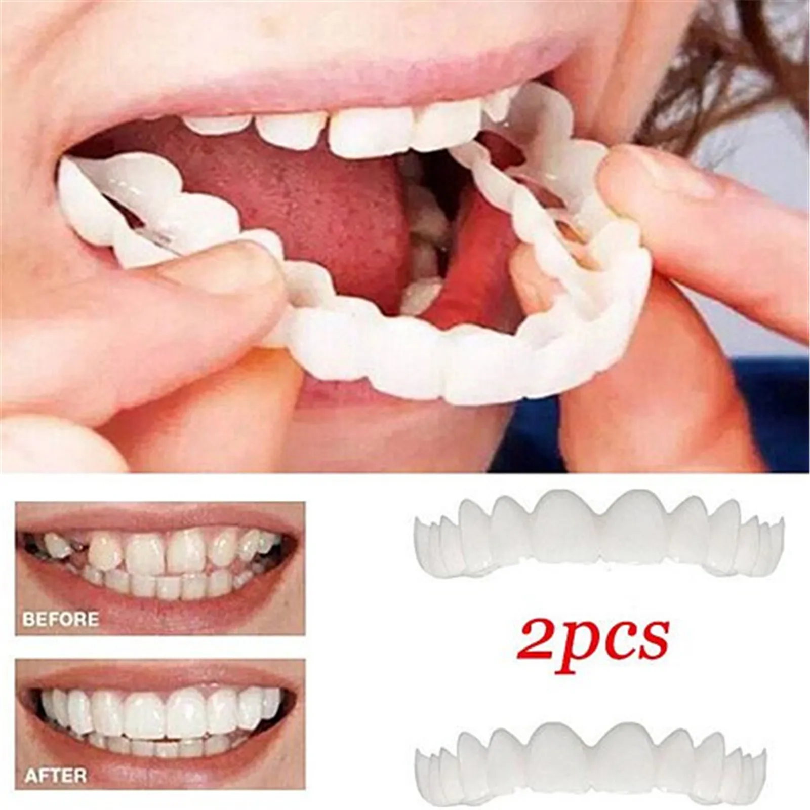 2PCS/SET Perfect Fit Teeth Whitening Fake Tooth Cover Snap On Silicone Smile Veneers Teeth Upper Beauty Tool Cosmetic Teeth Tool