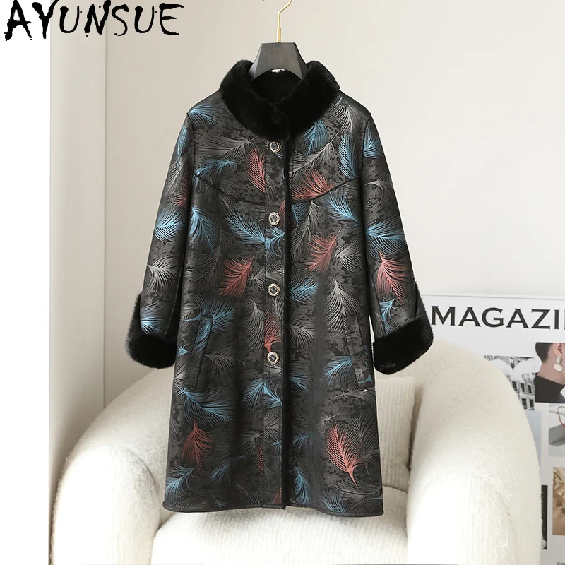 AYUNSUE 100% Wool Fur Coat Women Clothes 2025 Winter Jacket Warm Mink Fur Collar Mid-length Sheep Shearling Coats Woman Printed