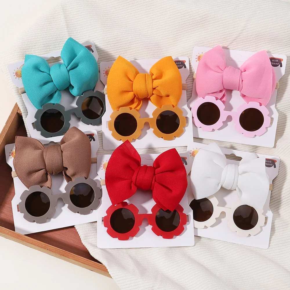 

1set Kids Sunglasses Headband Set Baby Elastic Nylon Headband Bohemia Beach Seaside Sun Glasses Kids Bow Headwear Gift