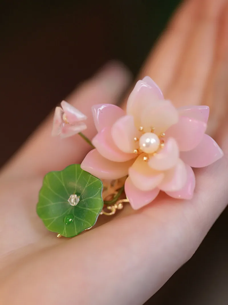 FXLRY Original Design Handmade Vintage Mori Lotus Leaf Pearl Hairpin Accessories