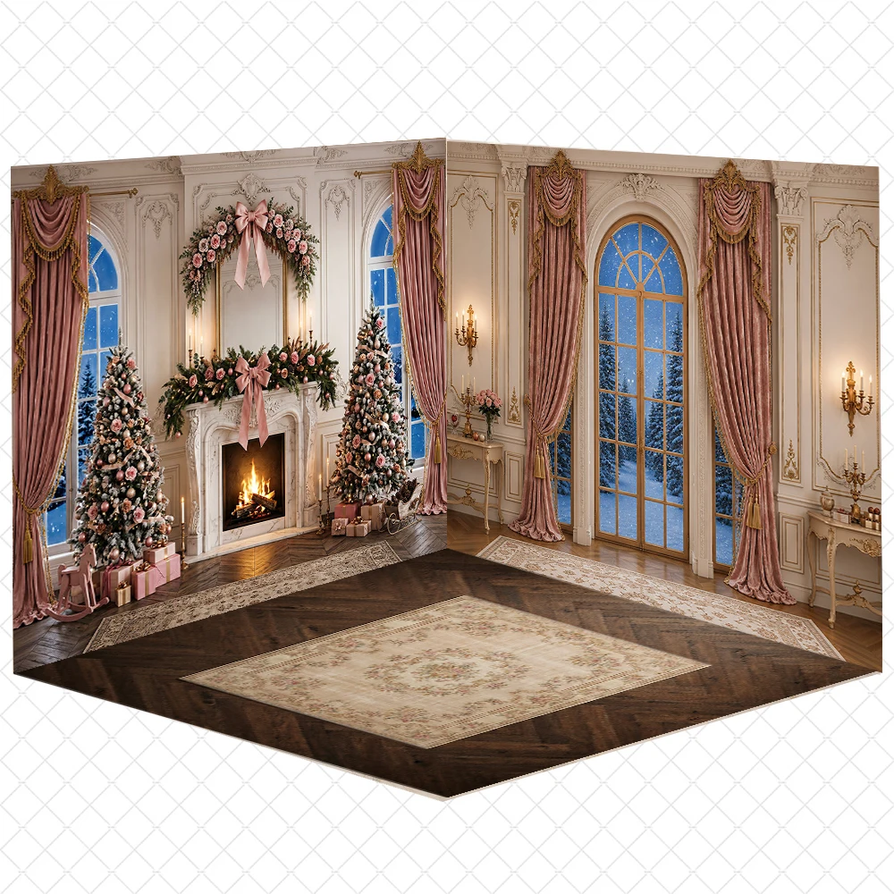Mocsicka Christmas Room Photography Background Royal Interior Fireplace Window Xmas Tree Present Floral Rug Floor Mat Background