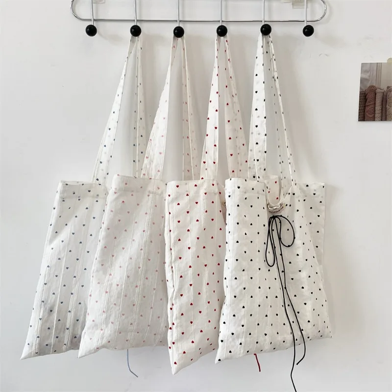 

Korean Fashion Simplicity Canvas Bag for Girl Heart Bow Ribbon Style Shoulder Bag Portable Cute Fashion Student Commuter Bag