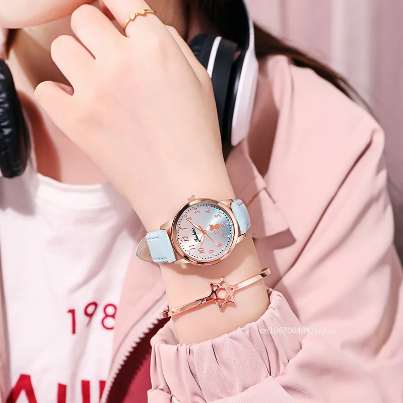 Casual Children Cute Cat Watch Simple Rhinestone Girls Wristwatch Gradient Color Leather Quartz Kids Clock Gift Children Watches