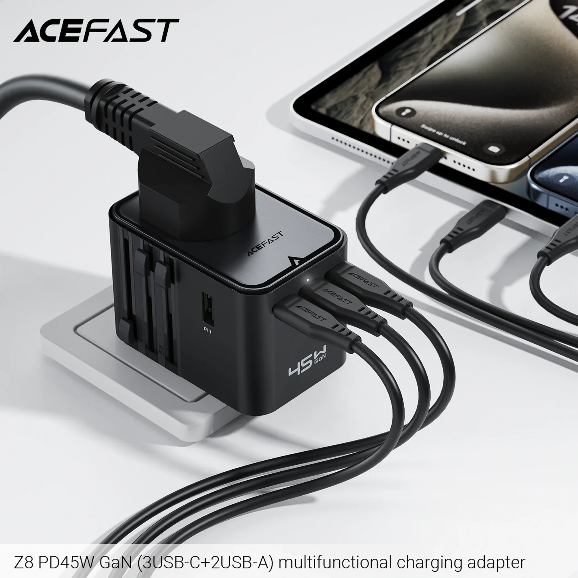 45W Smart GaN Travel Charger Simultaneous 7 Devices Fast Charging Adapter For IPhone Ipad Samsung Tablet Camping Charging Socket