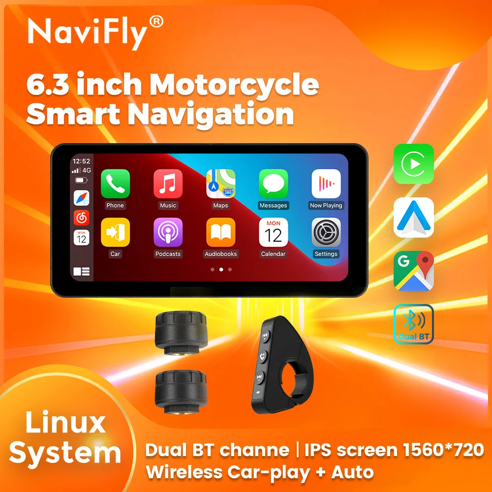 

NaviFly 6.3" IPS Screen Motorcycle Wireless CarPlay Android Auto Motorcycle Navigation GPS Portable Moto Monitor IPX7 Waterproof