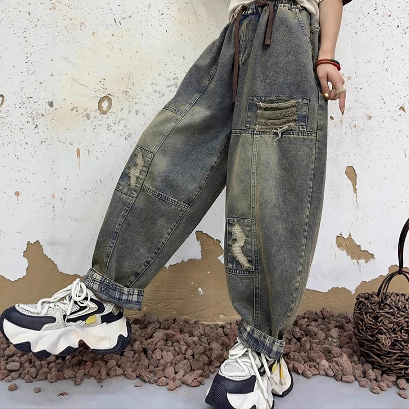 سراويل حريم نسائية أوروبية من Mass Wass من قماش الدنيم بفتحات كلاسيكية سراويل كلاسيكية فضفاضة ملابس خروج مرنة بخصر مطاطي جينز #3