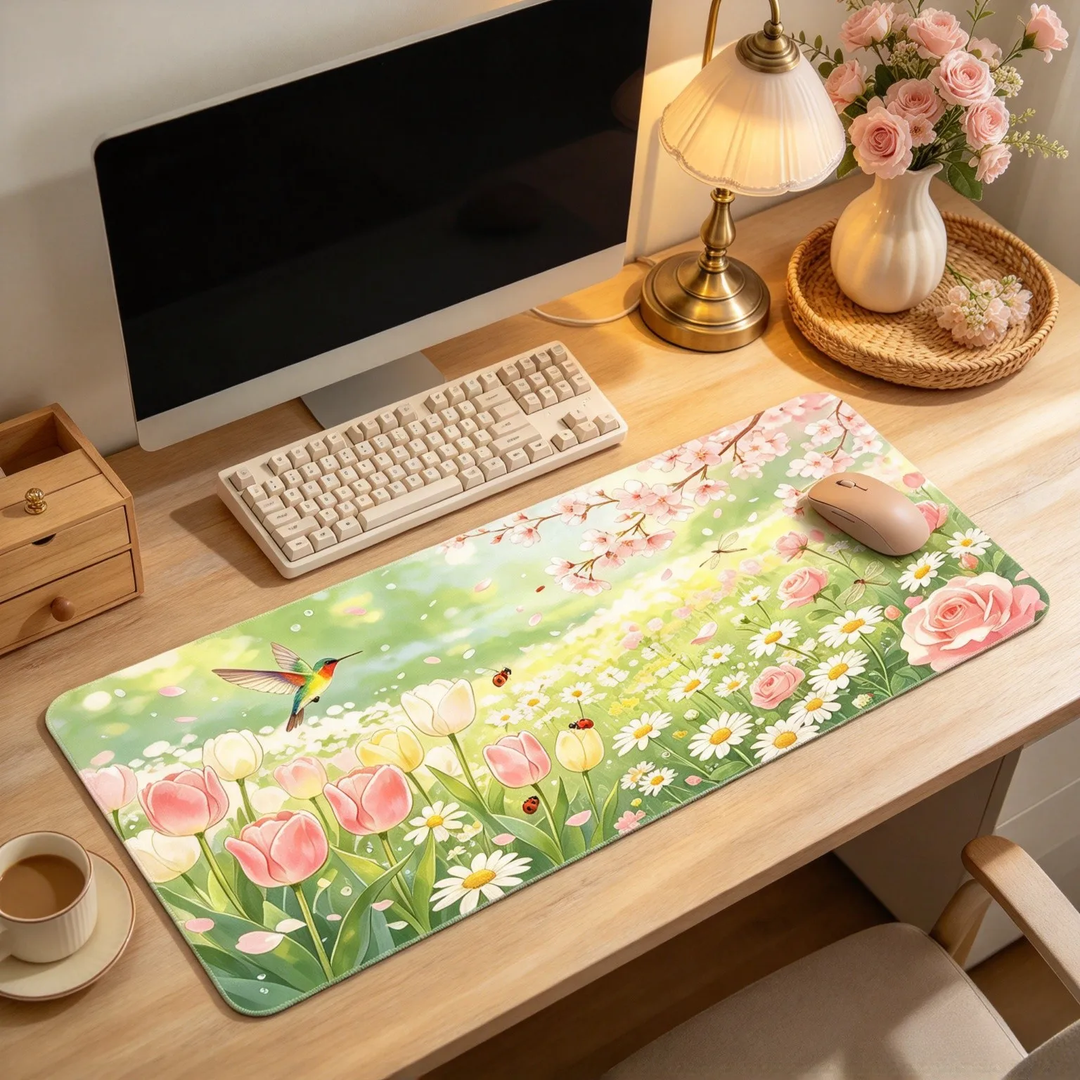Spring floral sea hummingbird tulip oversized mouse pad, made of natural rubber, keyboard pad, reinforced stitched edge rubber