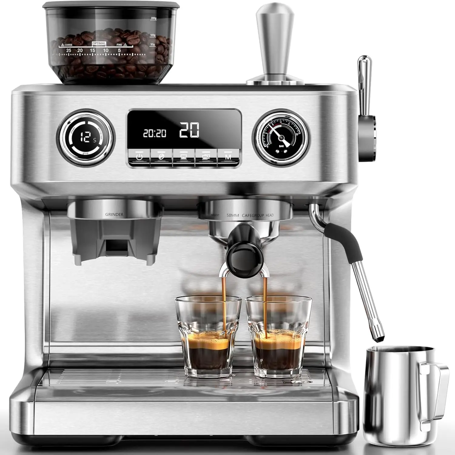 

Dual Boiler Espresso Machine with Grinder, 20 Bar Espresso Maker with Milk Steamer & Hot Water, Dual LED Display, Pressure Gauge