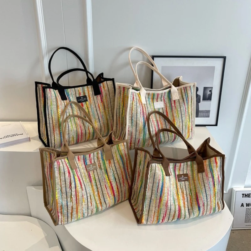 Large Capacity Commuting Women's Bag, Stylish and Versatile, Single Shoulder Diagonal Cross Bag, Rainbow Striped Canvas Tote Bag