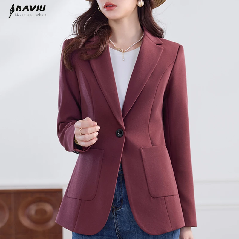 

NAVIU Fashion Women Wine red Green Black Solid Blazer Female Long Sleeve Single Button Suit Jacket Coat Ladies Office Blazer