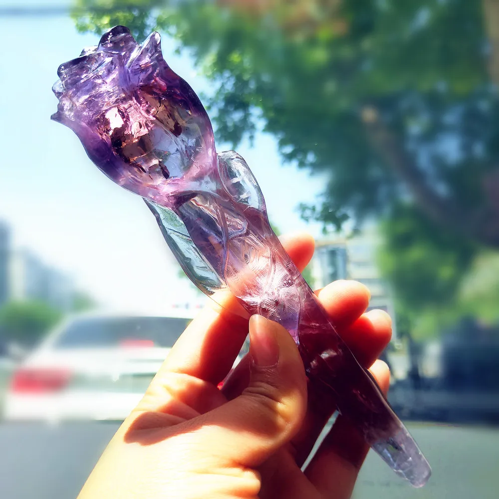 

20 cm Natural Amethyst Quartz Rose Love Gift Pink Crystal Flowers Hand Carved Healing Home Decoration