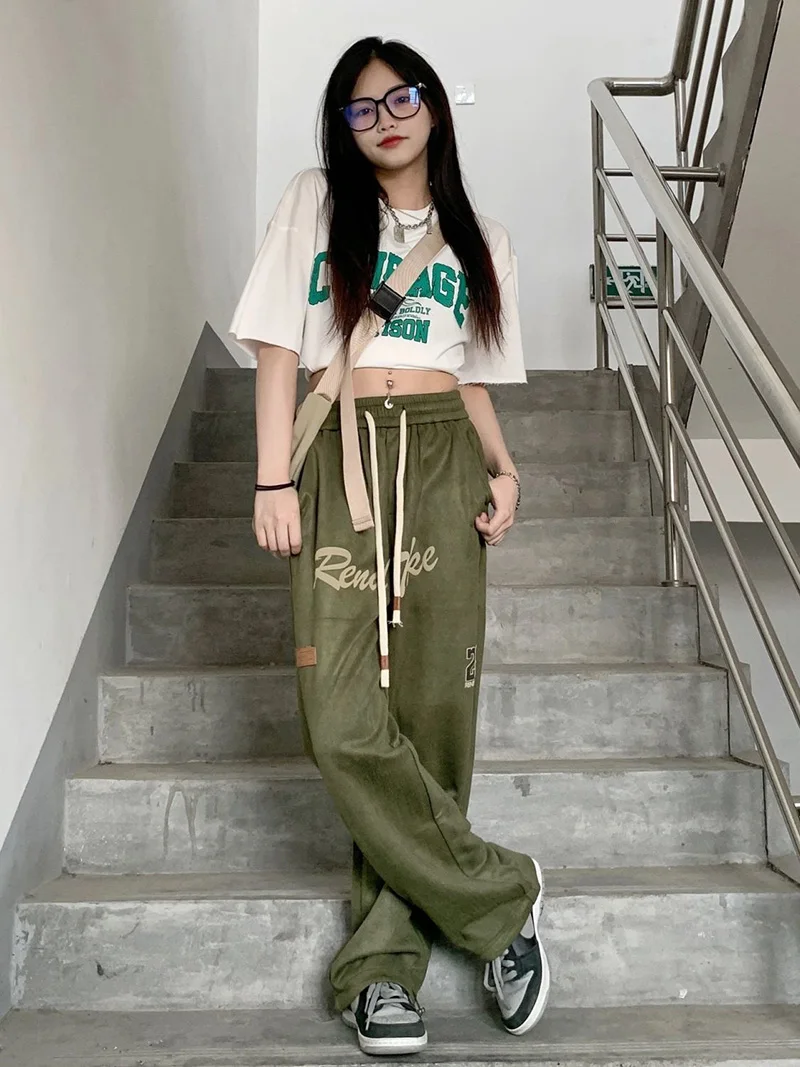 

Hip Hop Letters Printed Y2k Baggy Pants Women High Streetwear Vintage Trousers High-Waist Drawstring Bunched Leg Traf StreetPant