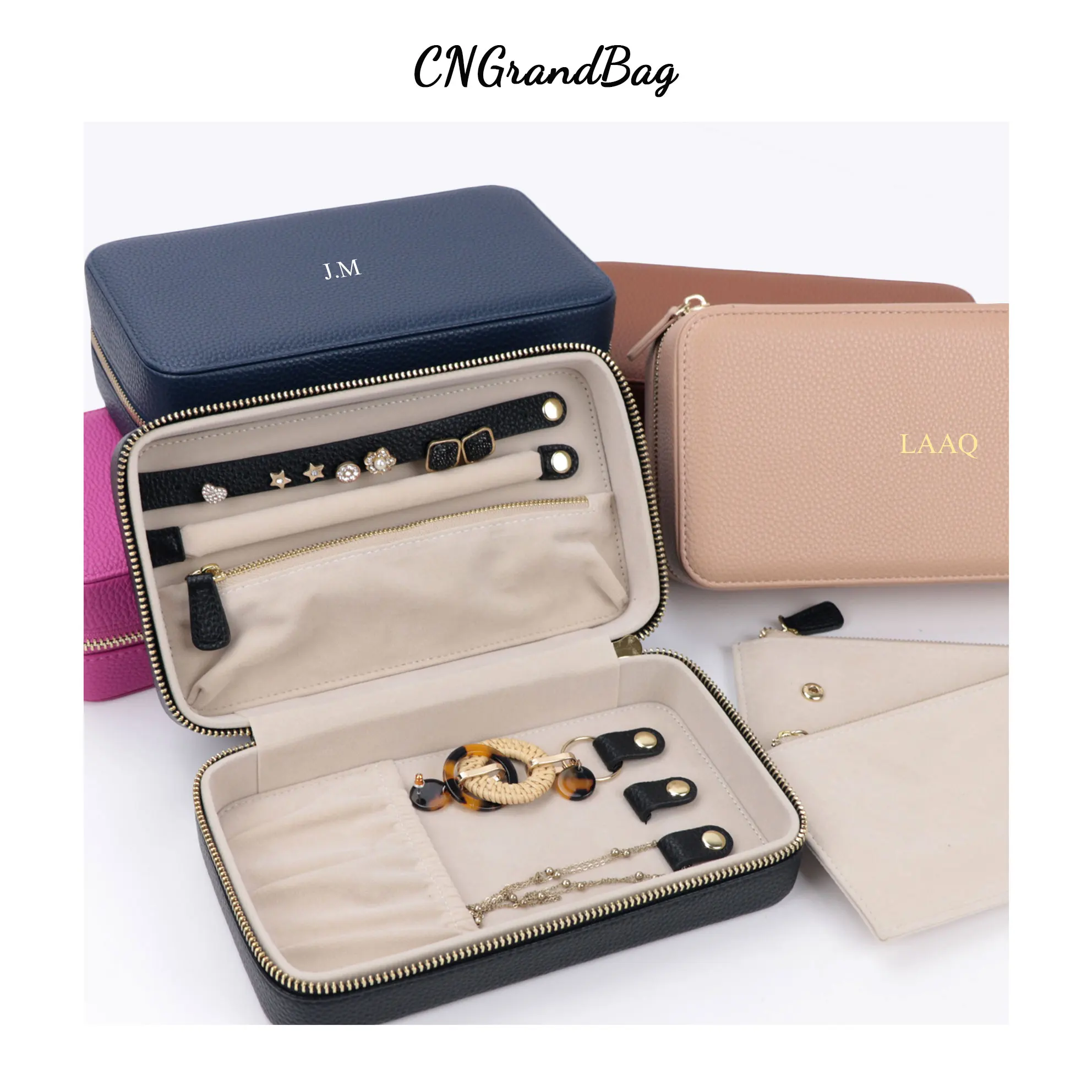 Custom Name Pebble Leather Medium Travel Jewelry Box Foil Embossed Jewelry Storage Box Jewelry Bag Stud Necklace Storage