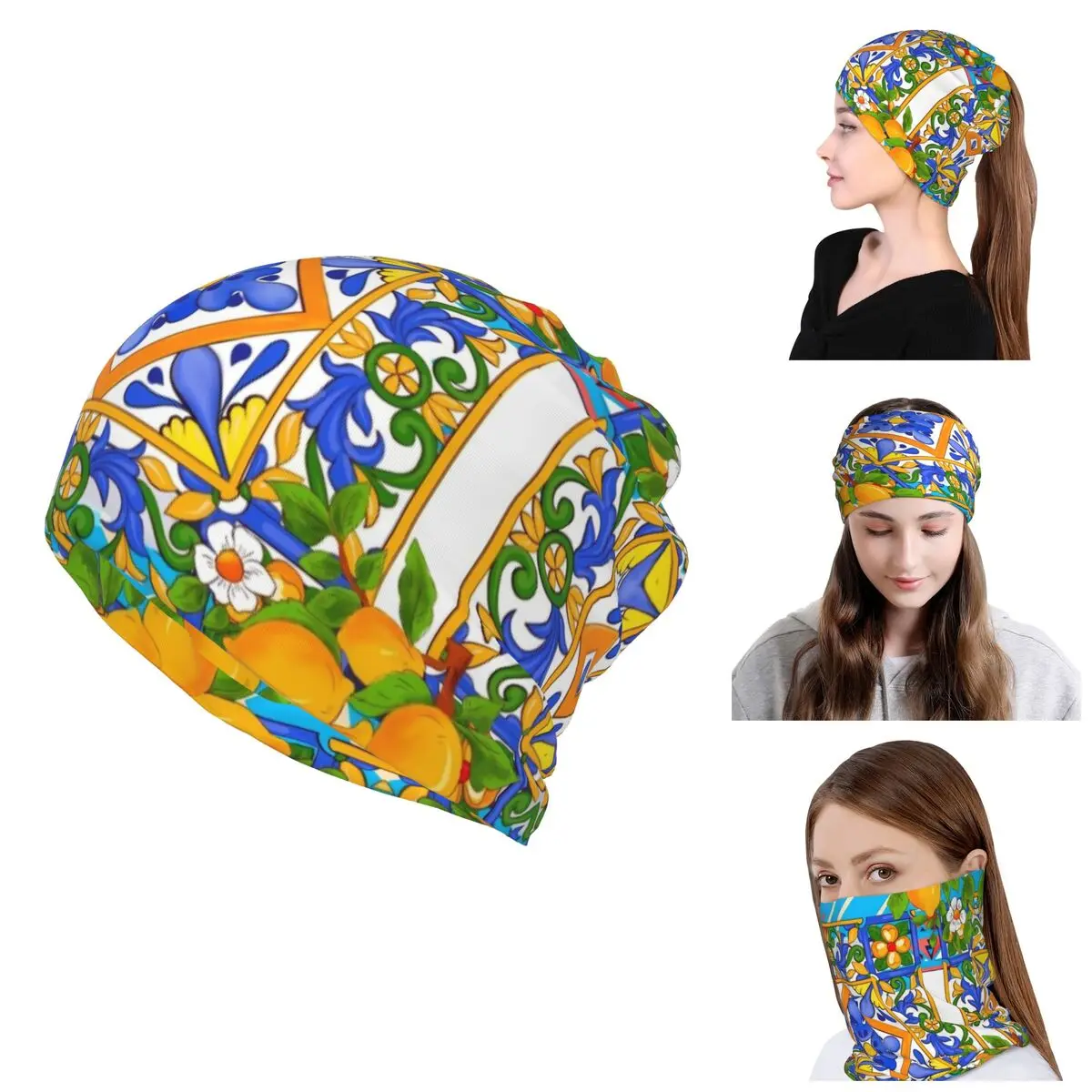 Custom Summer Citrus Lemons Sicilian Tiles Skullies Beanies Caps Headband Neck Warmer Ski Hunting Tube Scarf Face Bandana Gaiter