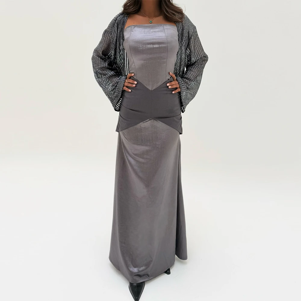 

Fashion Strapless Satin Evening Dress Elegant Long Sleeves Shawl Customized Celebrity Gowns Delicate Mermaid Party Dresses