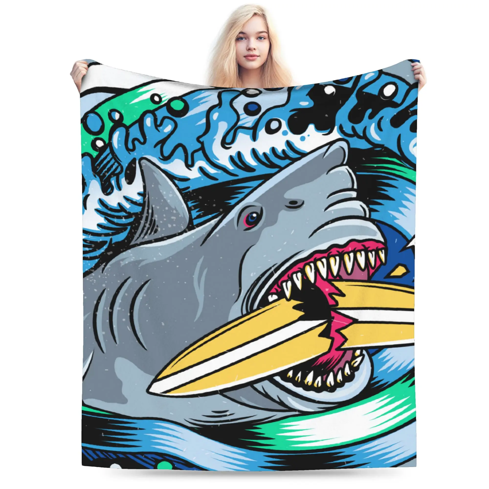 Custom Angry Shark Surfing Blankets Warm Flannel  Throw Blanket for Bedding Couch Bedspread