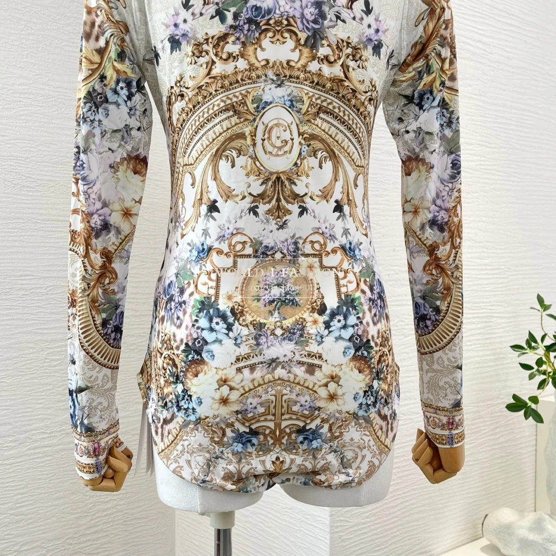 

2025 New Beautiful Multi Color Floral Print Long Sleeve Diamonds Bodysuits Tops