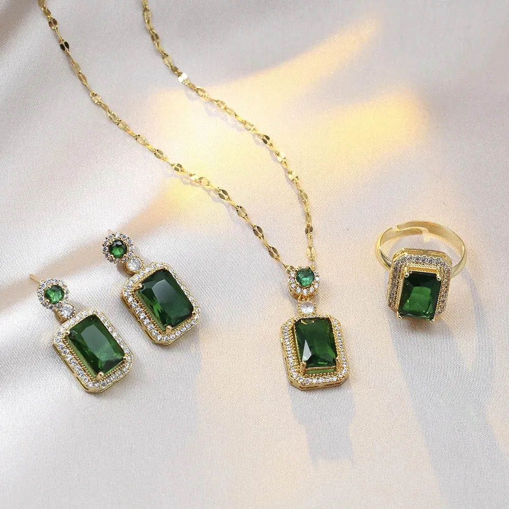 4PCS Sets Exquisite Quadrate Rhinestone Necklace Earrings Ring Jewelry Set Charm Ladies Jewelry Fashion Bridal Gifts image 2