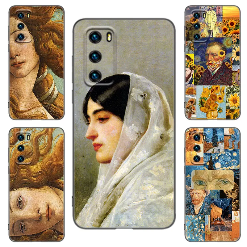 Art Painting Birth Of Venus Black Phone Case For Huawei P8 P9 P20 P30 P40 Mate 8 9 10 Lite 20 30 P50 Pro Plus 20X P Smart 2020