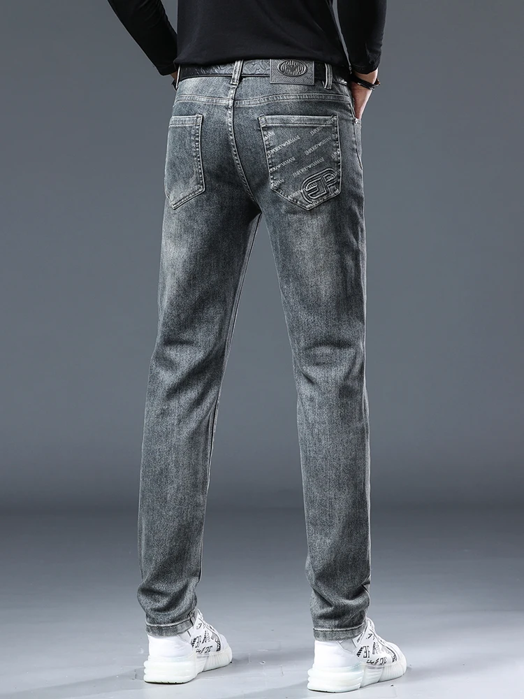 

High-End Grey Printed Men's Jeans Slim Fit Elastic Casual Long Pants Autumn New Style Trendy Brand Youthful Cotton Stretch Denim
