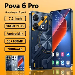 Оригинальный смартфон Pova 6 Pro, телефон с экраном 7,3 дюйма HD 16 ГБ + 1 ТБ, мобильный телефон с двумя SIM-картами, 50 + 108 МП, 7000 мАч, Android 14, разблокированный телефон