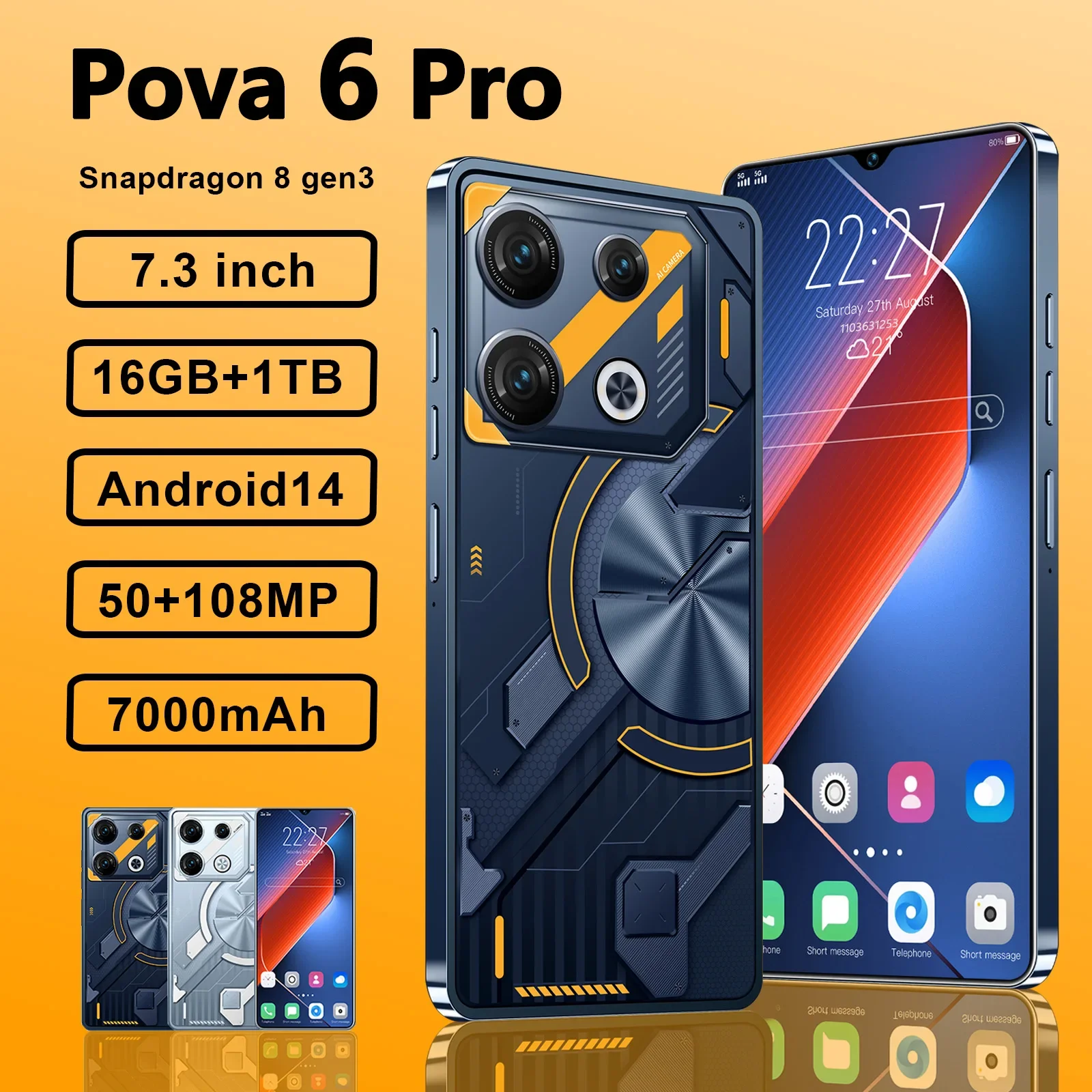 Original Pova 6 Pro Smartphone 5G 7.3inch HD 16G+1TB Cell Phone Dual SIM Mobile Phones 50+108MP 7000mAh Android 14 Unlocked NFC