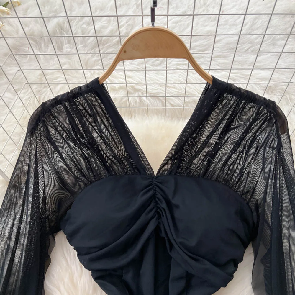 Abito da festa lungo elegante autunnale per donna Manica svasata Punto a rete Abiti da sera aderenti Nuovo in Traf formale femminile Novità