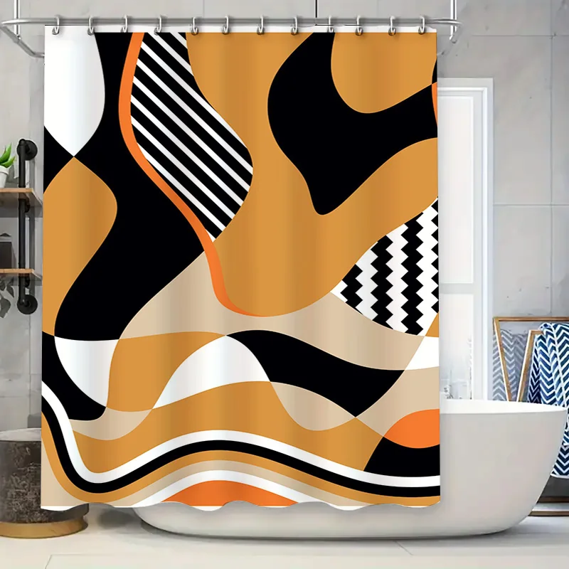 

Современная красочная занавеска для душа в ванной комнате, черная, белая, оранжевая, геометрический дизайн для украшения ванны, полиэфирная ткань, водонепроницаемая