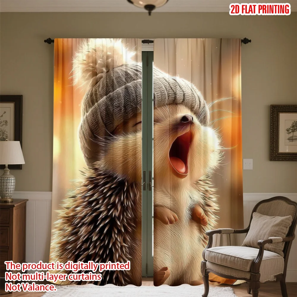 

2D flat printing 2pcs Drapes Cute Yawning Hedgehog Digital Printed Polyester Drapes Festive Holiday Use for All Season