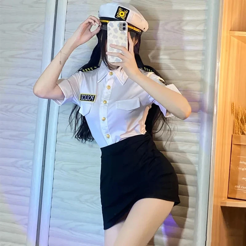 

❤2026★ Halloween Flight Costume Women Stretch Slim Waist Flight Attendant Top with Skirt Secretary pPolicewoman Cosplay❤