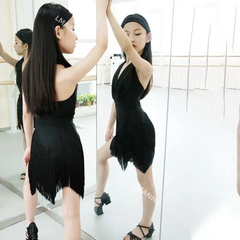 زي الرقص اللاتيني للفتيات والأطفال، ملابس ممارسة صيفية بدون ظهر، تنورة أطفال بدون أكمام