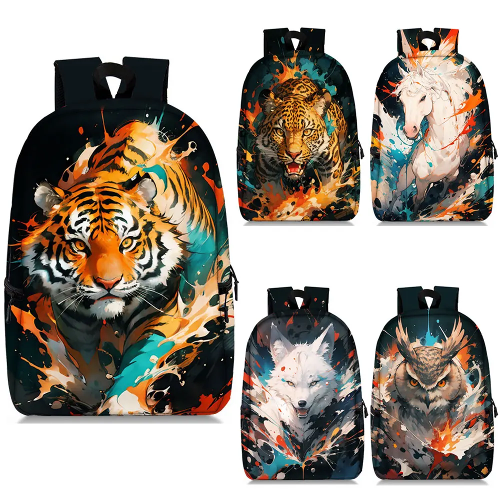 Paint Splatter Animal Backpack Watercolor Wolf Tiger Horse Rucksack Women Men Travel Bag Teenager School Bags Laptop Backpack