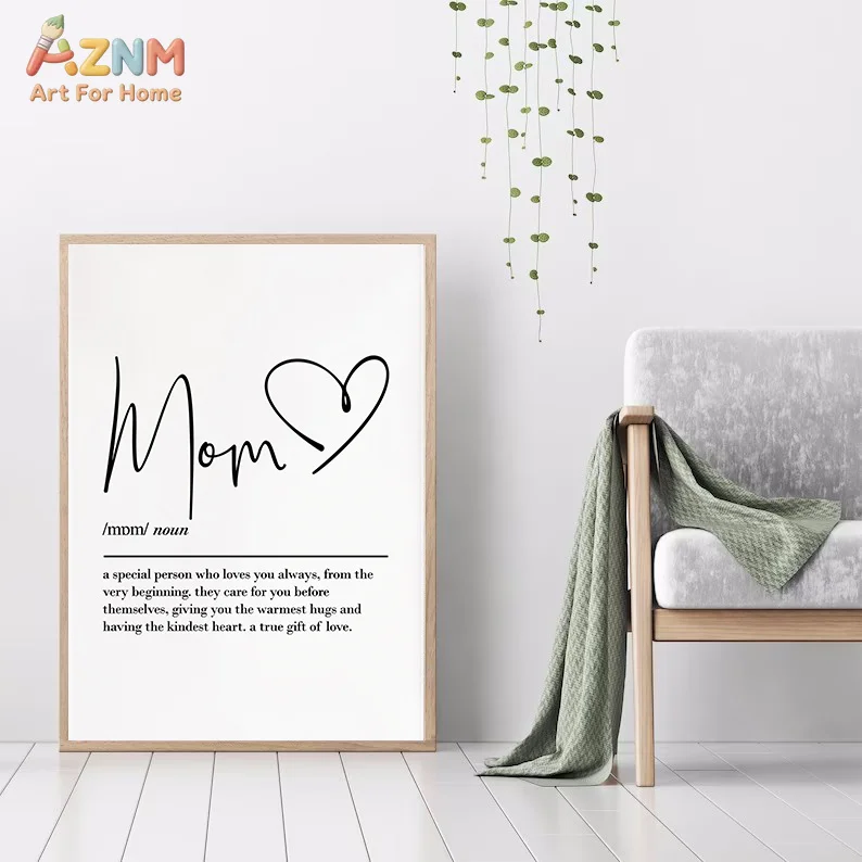AZNM Minimalist Family Definition Canvas Wall Art Mom Dad Sister Brother Heart Cursive Text Quote Print Unframed Canvas Painting