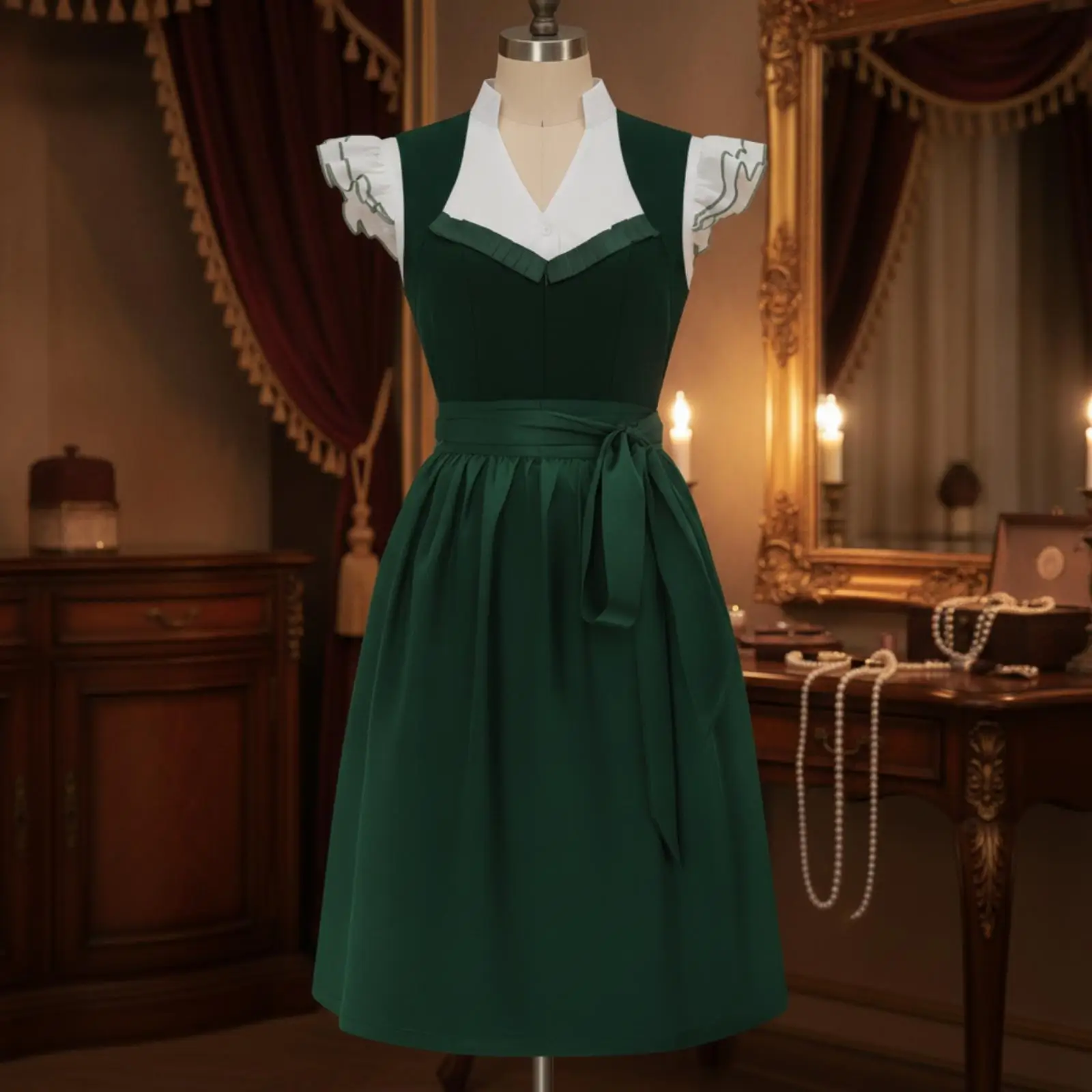 Women Dress Traditional Dirndl Satin Look Festival Costume with Blouse Insert Ruffle Sleeve for Oktoberfest Cosplay