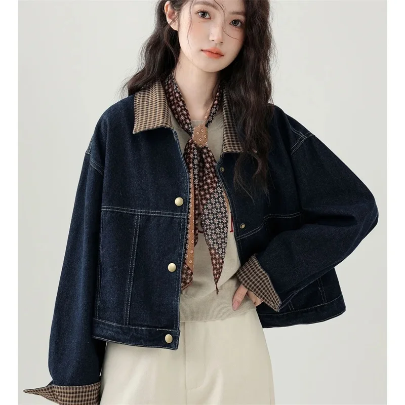 سترة من قماش الدنيم بتصميم خارجي مع طية صدر متباينة من قماش الدنيم سترة نسائية ربيعية عصرية للشيخوخة سترة واحدة الصدر المد