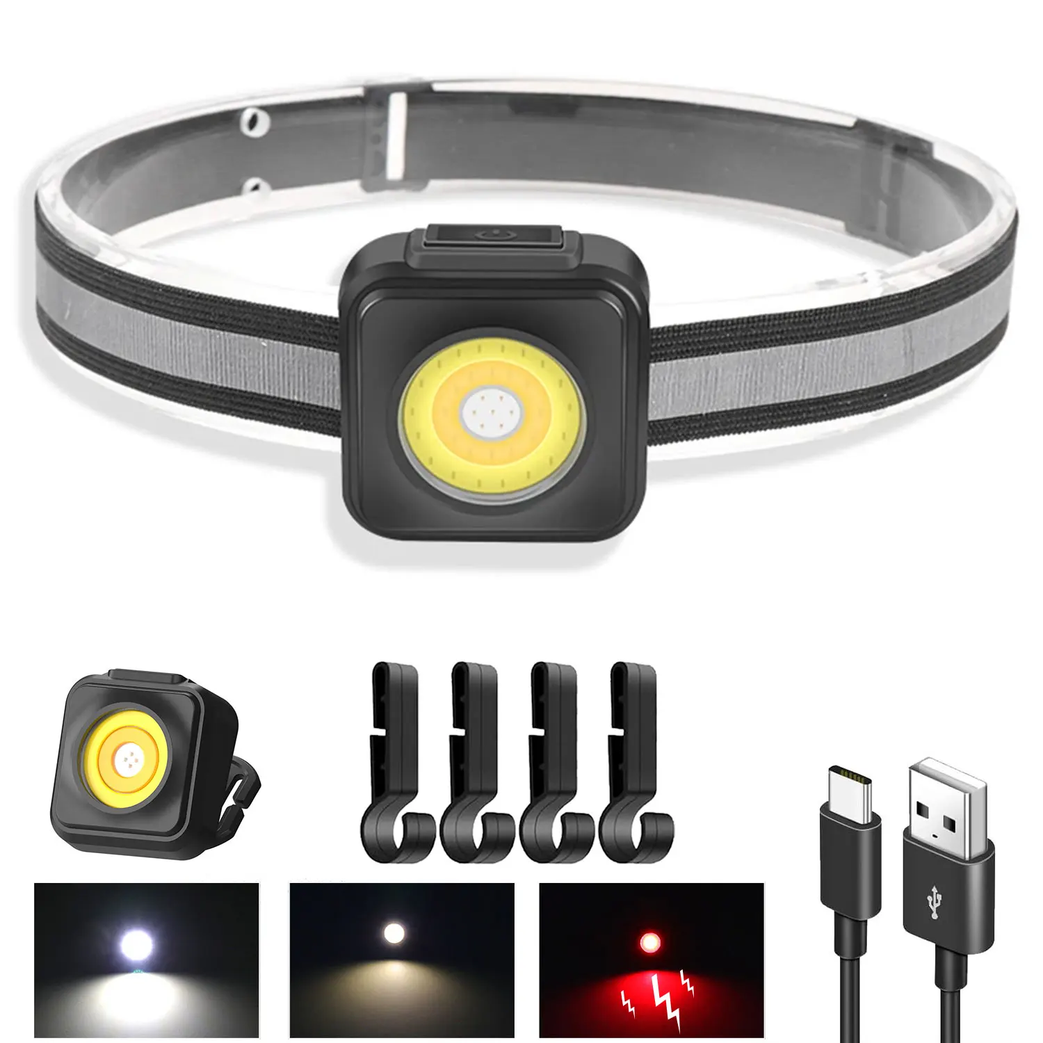 

Portable COB Keychain Headlamp With White/Yellow/Red Light Mode Built-in Battery Rechargeable Headlights For Running Fishing