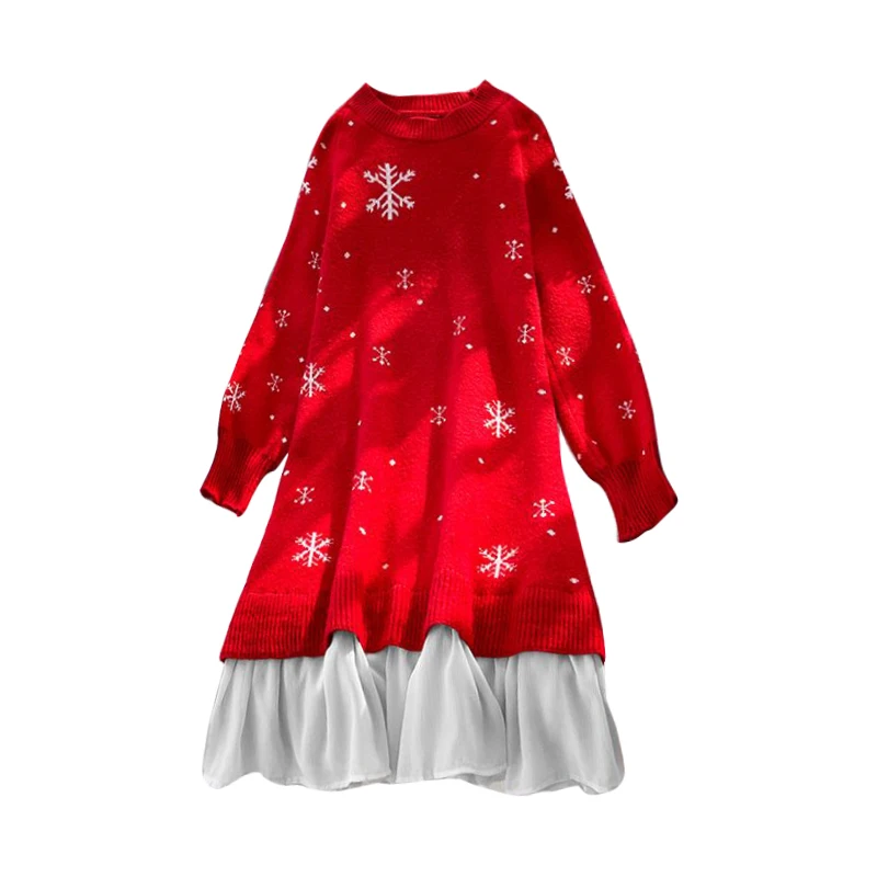 Fashion Sweater Dress Women's Clothing Autumn Winter Knitted Dress 2023 New Red Christmas Snowflake Dress Oversized bd727