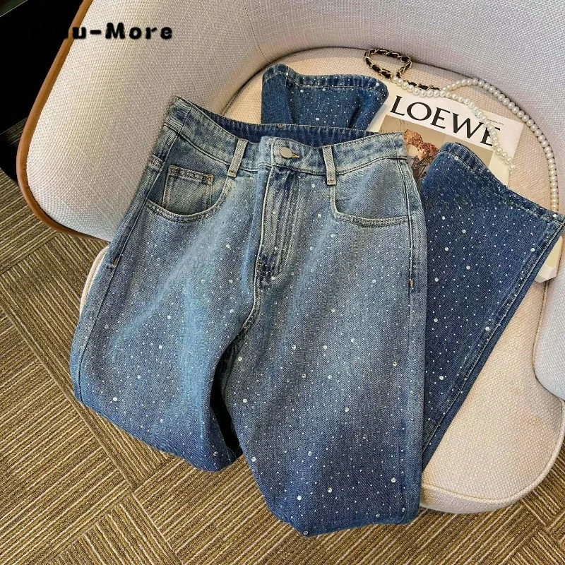 Vintage Dot Print High Waist Wide Leg Baggy Y2K Jeans Pants Korean Fashion Women High Street Style Blue Straight Denim Trouser